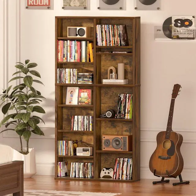 Alt view image 2 of 6 - 7 Tier Tall Display Cabinet, Brown Media Storage Cabinet | Adjustable Shelves, Free Standing DVD Organizer Shelf, Floor Multimedia Storage Manga Bookshelf for Living Room & Home Office