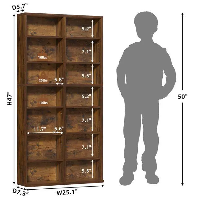 Alt view image 3 of 6 - 7 Tier Tall Display Cabinet, Brown Media Storage Cabinet | Adjustable Shelves, Free Standing DVD Organizer Shelf, Floor Multimedia Storage Manga Bookshelf for Living Room & Home Office