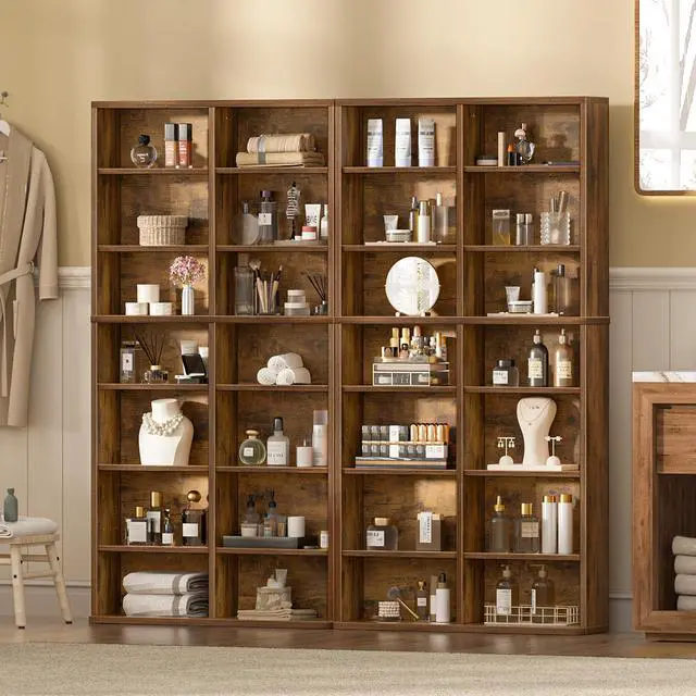 Alt view image 5 of 6 - 7 Tier Tall Display Cabinet, Brown Media Storage Cabinet | Adjustable Shelves, Free Standing DVD Organizer Shelf, Floor Multimedia Storage Manga Bookshelf for Living Room & Home Office