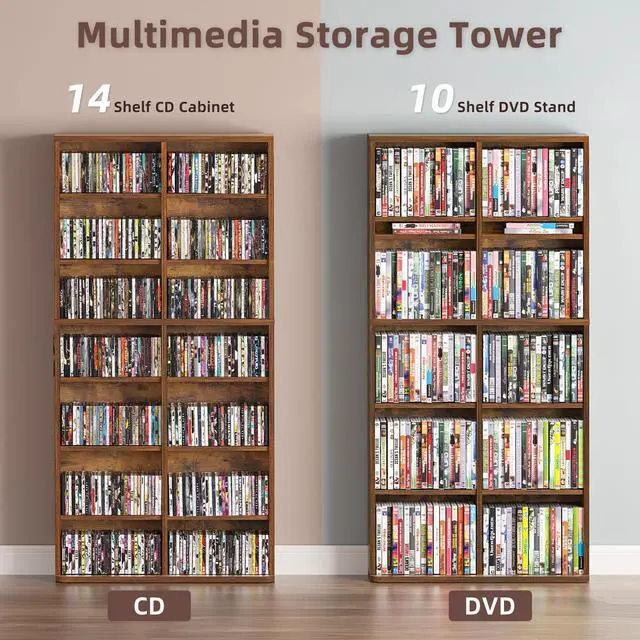 Alt view image 6 of 6 - 7 Tier Tall Display Cabinet, Brown Media Storage Cabinet | Adjustable Shelves, Free Standing DVD Organizer Shelf, Floor Multimedia Storage Manga Bookshelf for Living Room & Home Office