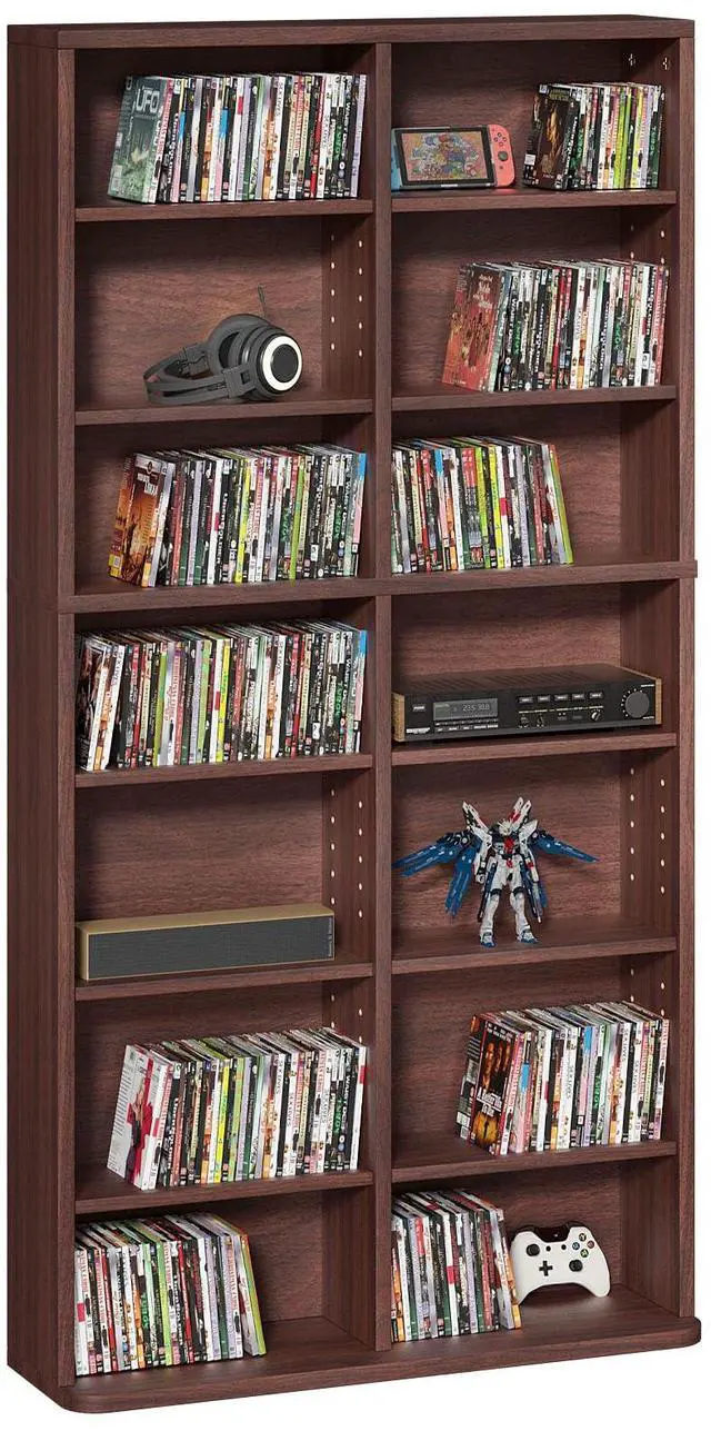 Main image of 7 Tier Tall Display Cabinet, Walnut Media Storage Cabinet | Adjustable Shelves, Free Standing DVD Organizer Shelf, Floor Multimedia Storage Manga Bookshelf for Living Room & Home Office