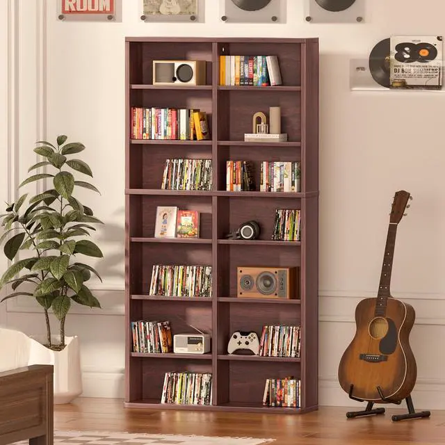 Alt view image 2 of 6 - 7 Tier Tall Display Cabinet, Walnut Media Storage Cabinet | Adjustable Shelves, Free Standing DVD Organizer Shelf, Floor Multimedia Storage Manga Bookshelf for Living Room & Home Office