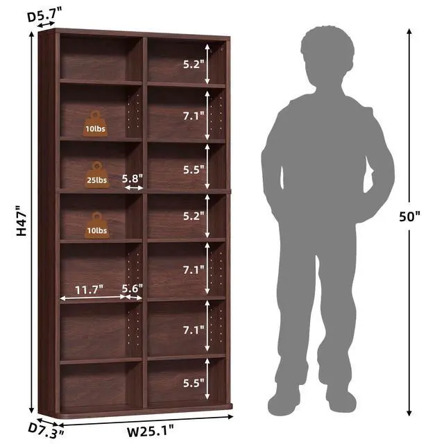 Alt view image 3 of 6 - 7 Tier Tall Display Cabinet, Walnut Media Storage Cabinet | Adjustable Shelves, Free Standing DVD Organizer Shelf, Floor Multimedia Storage Manga Bookshelf for Living Room & Home Office