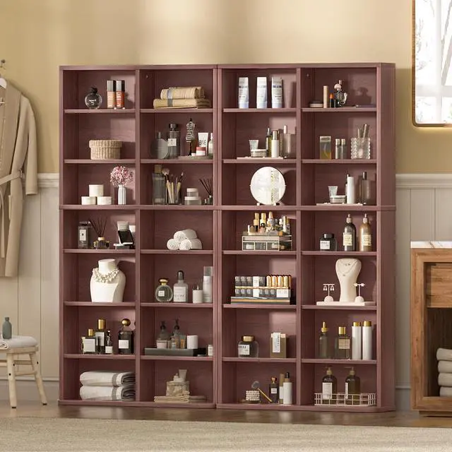 Alt view image 5 of 6 - 7 Tier Tall Display Cabinet, Walnut Media Storage Cabinet | Adjustable Shelves, Free Standing DVD Organizer Shelf, Floor Multimedia Storage Manga Bookshelf for Living Room & Home Office