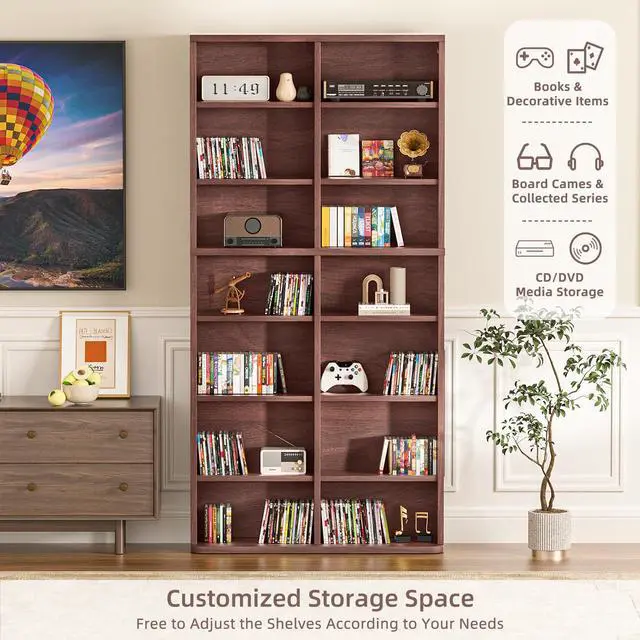 Alt view image 6 of 6 - 7 Tier Tall Display Cabinet, Walnut Media Storage Cabinet | Adjustable Shelves, Free Standing DVD Organizer Shelf, Floor Multimedia Storage Manga Bookshelf for Living Room & Home Office