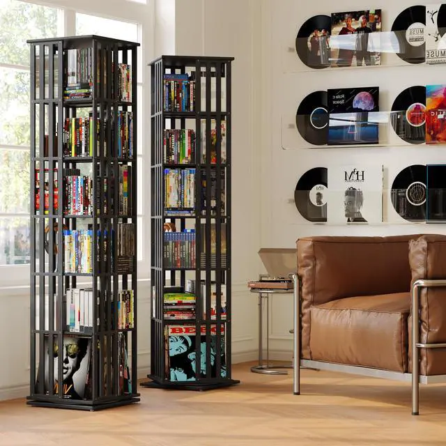 Alt view image 2 of 6 - 360° Rotating Bamboo CD/DVD Shelf - 6-Tier Space-Saving Media Storage Cabinet for Movies, Organizer with Super Compact Design (Black, 6 Tier)