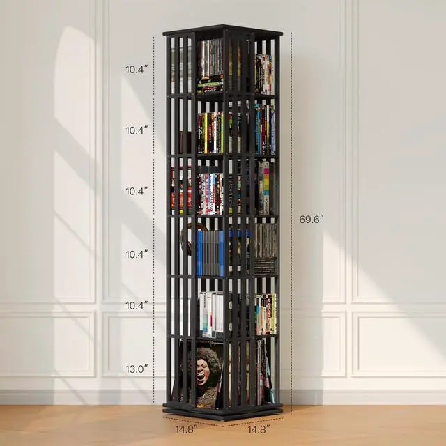 Alt view image 3 of 6 - 360° Rotating Bamboo CD/DVD Shelf - 6-Tier Space-Saving Media Storage Cabinet for Movies, Organizer with Super Compact Design (Black, 6 Tier)
