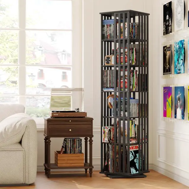 Alt view image 4 of 6 - 360° Rotating Bamboo CD/DVD Shelf - 6-Tier Space-Saving Media Storage Cabinet for Movies, Organizer with Super Compact Design (Black, 6 Tier)