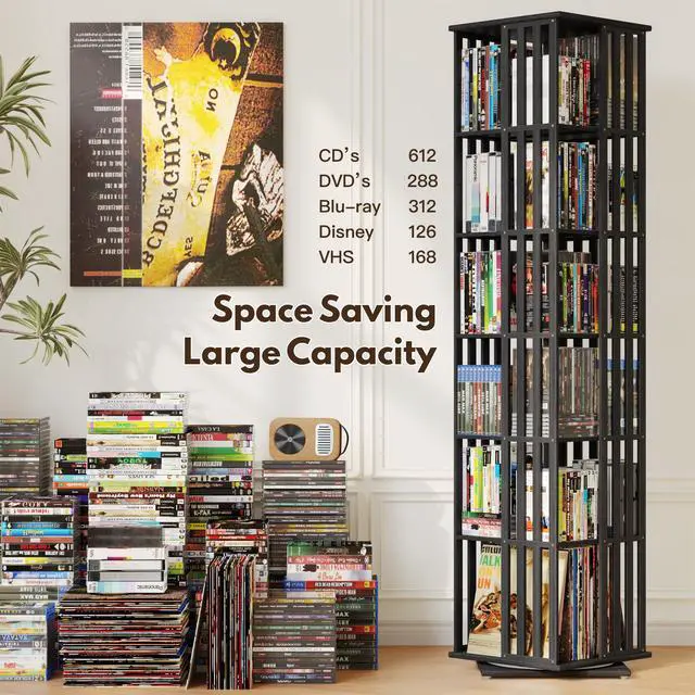 Alt view image 5 of 6 - 360° Rotating Bamboo CD/DVD Shelf - 6-Tier Space-Saving Media Storage Cabinet for Movies, Organizer with Super Compact Design (Black, 6 Tier)
