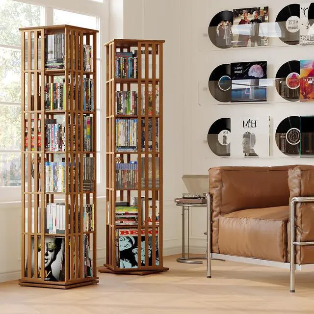 Alt view image 2 of 4 - 360° Rotating Bamboo CD/DVD Shelf - 6-Tier Space-Saving Media Storage Cabinet for Movies, Organizer with Super Compact Design (Walnut, 6 Tier)