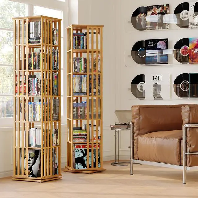 Alt view image 2 of 6 - 360° Rotating Bamboo CD/DVD Shelf - 6-Tier Space-Saving Media Storage Cabinet for Movies, Organizer with Super Compact Design