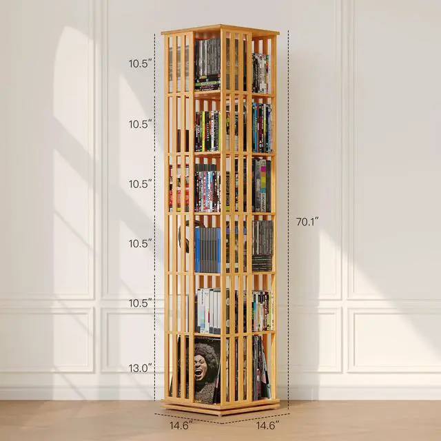 Alt view image 3 of 6 - 360° Rotating Bamboo CD/DVD Shelf - 6-Tier Space-Saving Media Storage Cabinet for Movies, Organizer with Super Compact Design