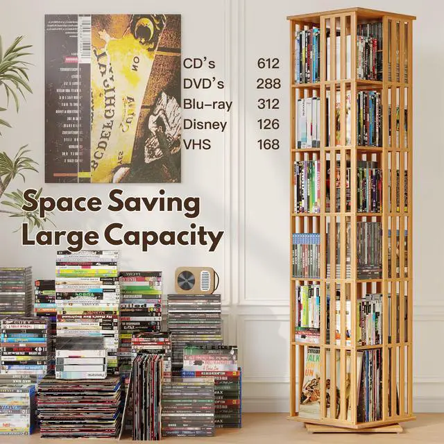 Alt view image 4 of 6 - 360° Rotating Bamboo CD/DVD Shelf - 6-Tier Space-Saving Media Storage Cabinet for Movies, Organizer with Super Compact Design