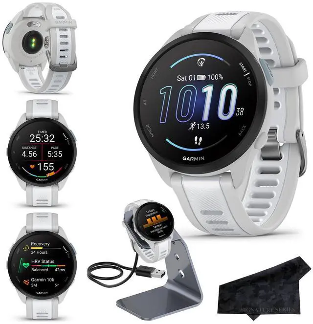 Main image of Garmin Forerunner 165 GPS Running Smartwatch, Mist Gray/Whitestone, Advanced Health - Fitness Insights, Sleep Coach, Training Plans, Garmin Pay, Signature Series Charging Stand Bundle