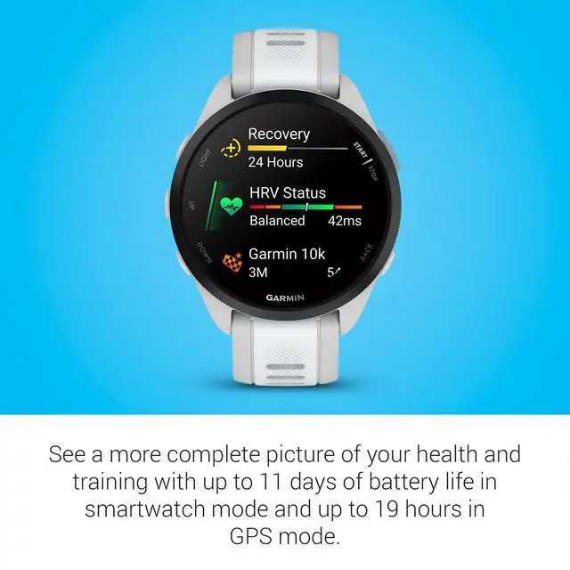 Alt view image 5 of 6 - Garmin Forerunner 165 GPS Running Smartwatch, Mist Gray/Whitestone, Advanced Health - Fitness Insights, Sleep Coach, Training Plans, Garmin Pay, Signature Series Charging Stand Bundle