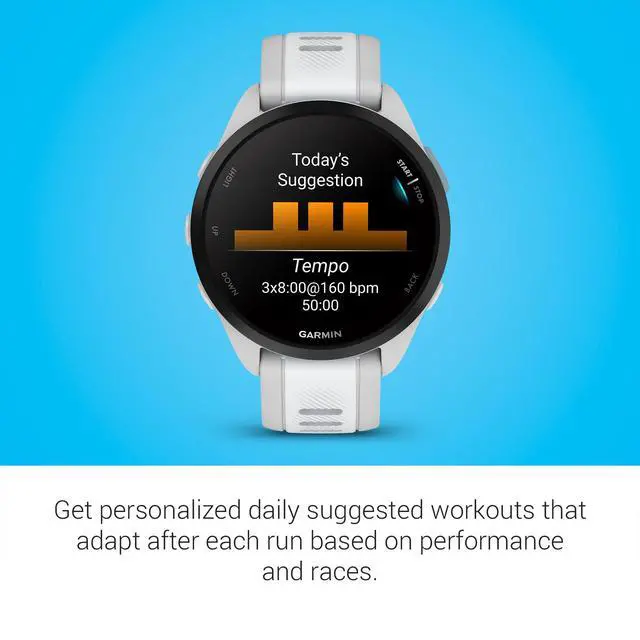 Alt view image 6 of 6 - Garmin Forerunner 165 GPS Running Smartwatch, Mist Gray/Whitestone, Advanced Health - Fitness Insights, Sleep Coach, Training Plans, Garmin Pay, Signature Series Charging Stand Bundle