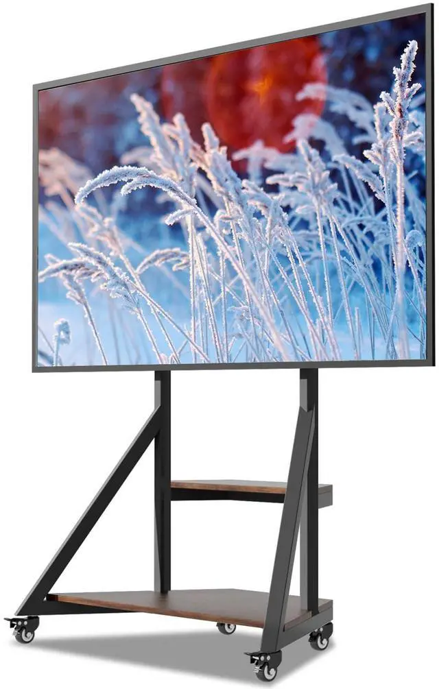 Main image of Corner TV Mount Stand for Living Room with Wheels 40 45 55 65 75 inch | Adjustable Height Bracket Heavy Duty 2 Wooden Shelves Base VESA 600x400mm Max Load Bearing 176 pounds