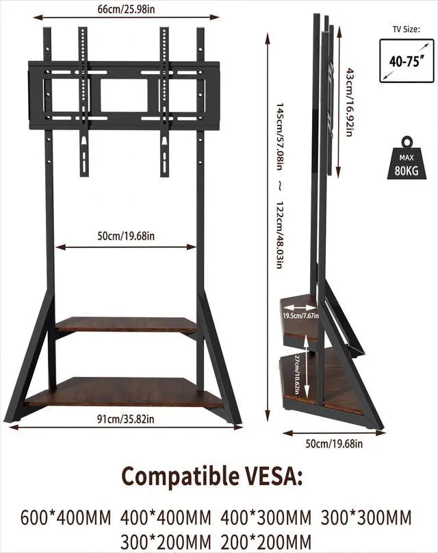 Alt view image 2 of 6 - Corner TV Mount Stand for Living Room with Wheels 40 45 55 65 75 inch | Adjustable Height Bracket Heavy Duty 2 Wooden Shelves Base VESA 600x400mm Max Load Bearing 176 pounds