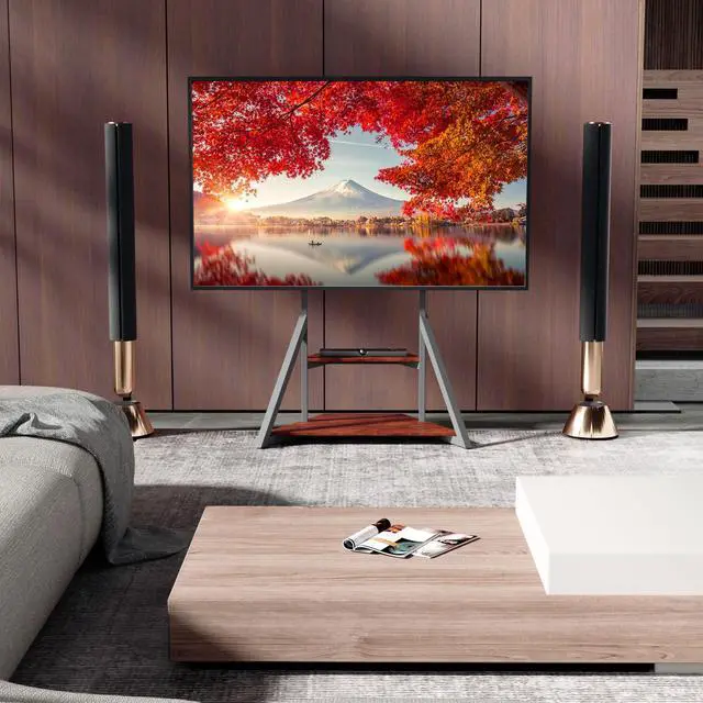 Alt view image 4 of 6 - Corner TV Mount Stand for Living Room with Wheels 40 45 55 65 75 inch | Adjustable Height Bracket Heavy Duty 2 Wooden Shelves Base VESA 600x400mm Max Load Bearing 176 pounds