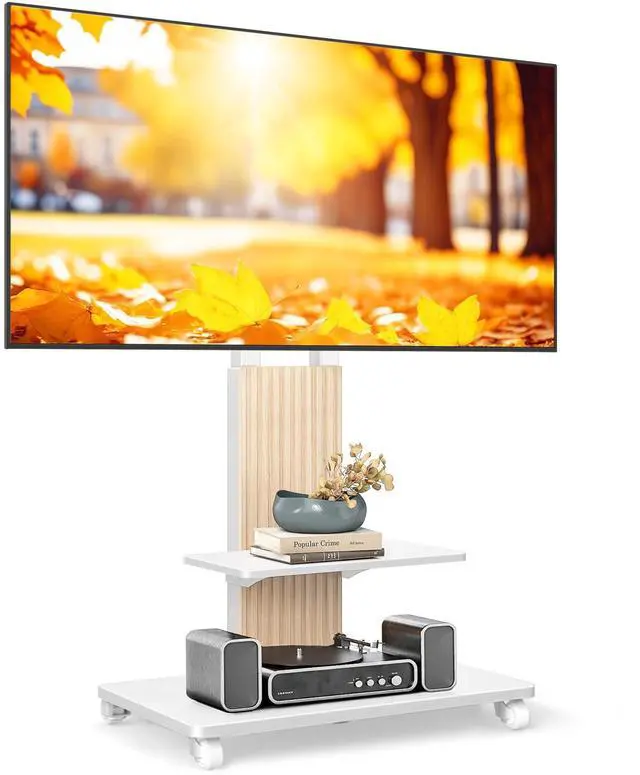Main image of Heavy Duty Rolling TV Stand for 55-100 inch Large Screens | Supports up to 172 lbs (150 lbs TV + 22 lbs Shelf), Mobile TV Cart with Wooden Base and Alloy Wheels, White and Oak