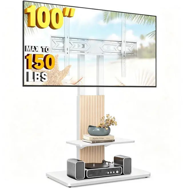 Main image of Heavy Duty Floor TV Stand for 55-100 inch Large Screens | Supports up to 172 lbs (150 lbs TV + 22 lbs Shelf), Tall TV Stand with Height Adjustment and Wooden Base, White and Oak