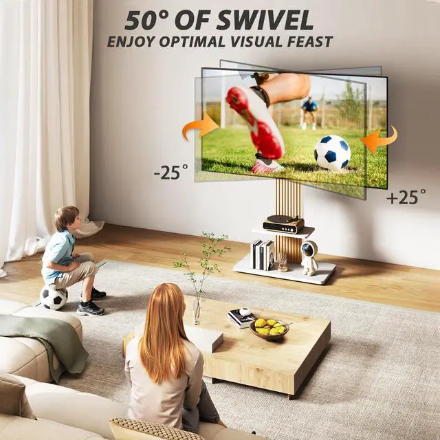 Alt view image 2 of 2 - Heavy Duty Floor TV Stand for 55-100 inch Large Screens | Supports up to 172 lbs (150 lbs TV + 22 lbs Shelf), Tall TV Stand with Height Adjustment and Wooden Base, White and Oak