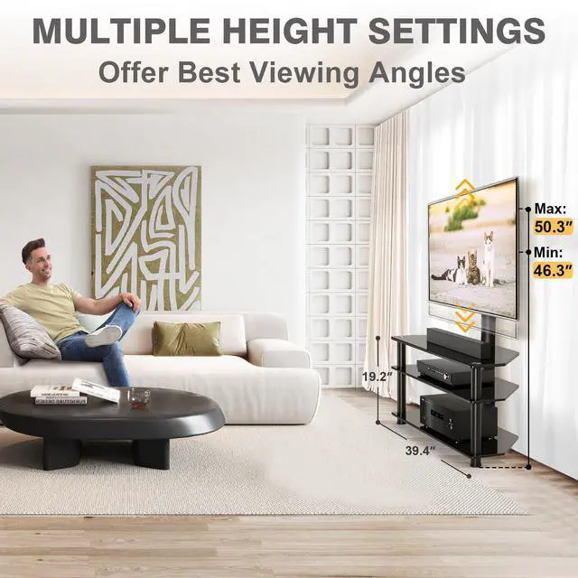 Alt view image 2 of 6 - TAVR Swivel Floor TV Stand with Table for 32-70 Inch TVs | Universal Height Adjustable Glass TV Stand with Large Storage Shelves, Strong Corner TV Stand Mount Holds up to 88lbs, Black