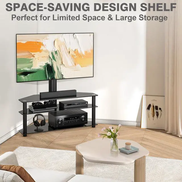 Alt view image 3 of 6 - TAVR Swivel Floor TV Stand with Table for 32-70 Inch TVs | Universal Height Adjustable Glass TV Stand with Large Storage Shelves, Strong Corner TV Stand Mount Holds up to 88lbs, Black