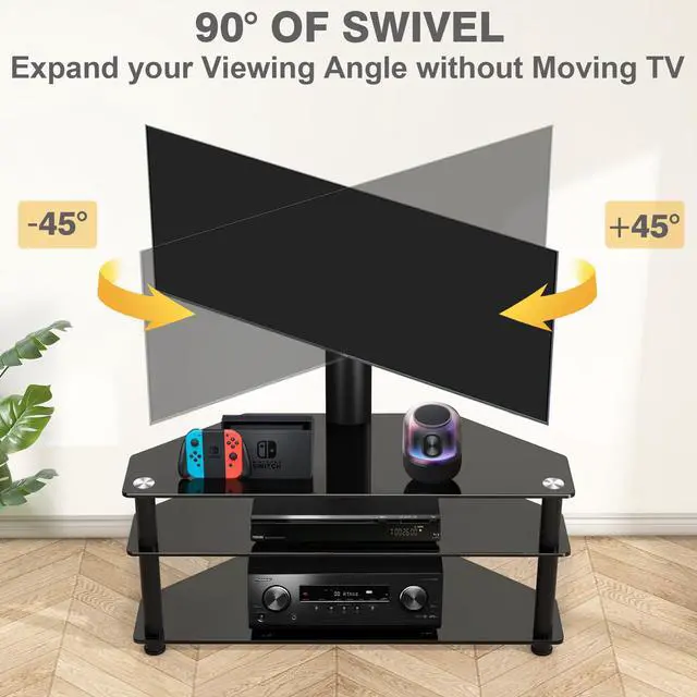 Alt view image 4 of 6 - TAVR Swivel Floor TV Stand with Table for 32-70 Inch TVs | Universal Height Adjustable Glass TV Stand with Large Storage Shelves, Strong Corner TV Stand Mount Holds up to 88lbs, Black