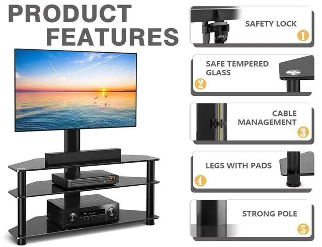 Alt view image 5 of 6 - TAVR Swivel Floor TV Stand with Table for 32-70 Inch TVs | Universal Height Adjustable Glass TV Stand with Large Storage Shelves, Strong Corner TV Stand Mount Holds up to 88lbs, Black