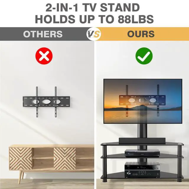 Alt view image 6 of 6 - TAVR Swivel Floor TV Stand with Table for 32-70 Inch TVs | Universal Height Adjustable Glass TV Stand with Large Storage Shelves, Strong Corner TV Stand Mount Holds up to 88lbs, Black