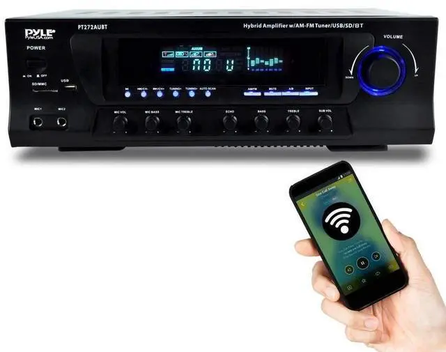 Alt view image 2 of 6 - Home Stereo Amplifier with Bluetooth - 300 Watt Max 4 Channel Stereo Receiver with Easy Karaoke - Dual Mic In with EQ and Echo, USB-A and SD Card In, RCA In, RCA Out, LED Display - PT272AUBT