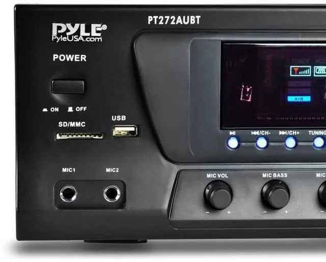 Alt view image 3 of 6 - Home Stereo Amplifier with Bluetooth - 300 Watt Max 4 Channel Stereo Receiver with Easy Karaoke - Dual Mic In with EQ and Echo, USB-A and SD Card In, RCA In, RCA Out, LED Display - PT272AUBT