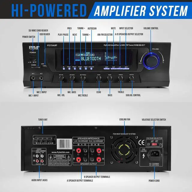 Alt view image 4 of 6 - Home Stereo Amplifier with Bluetooth - 300 Watt Max 4 Channel Stereo Receiver with Easy Karaoke - Dual Mic In with EQ and Echo, USB-A and SD Card In, RCA In, RCA Out, LED Display - PT272AUBT