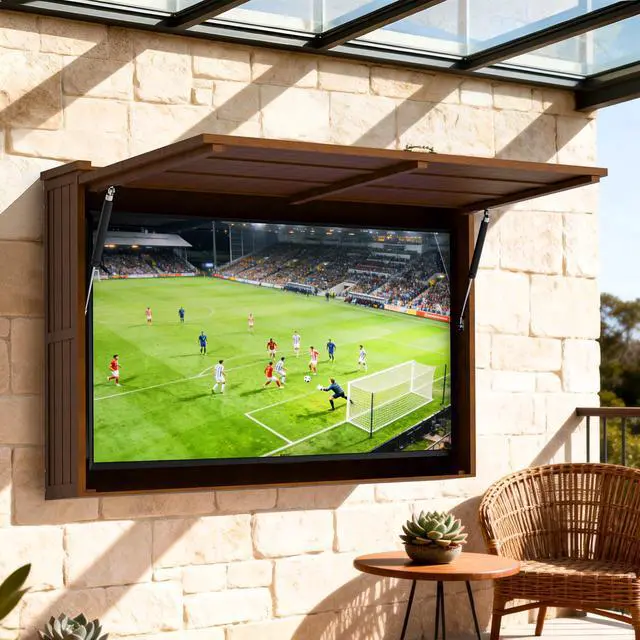 Main image of Outdoor TV Enclosure, 65 Inch Solid Wood Wall-Mounted TV Cabinet with Dual-Arm Steel Bracket, Includes 600D Oxford TV Cover, Walnut