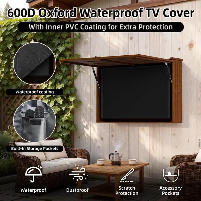 Alt view image 4 of 5 - Outdoor TV Enclosure, 65 Inch Solid Wood Wall-Mounted TV Cabinet with Dual-Arm Steel Bracket, Includes 600D Oxford TV Cover, Walnut