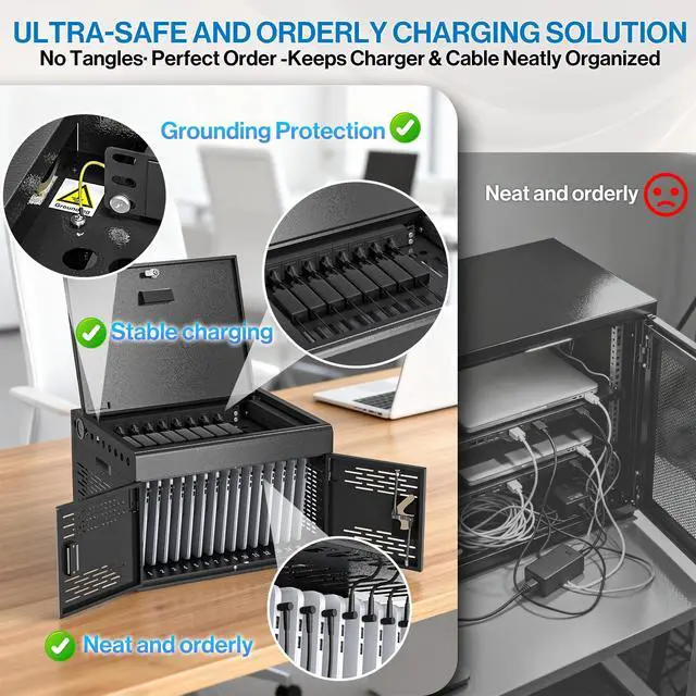 Alt view image 3 of 6 - 16-Device Locking Steel Charging Cabinet for iPad Chromebook Laptop | Wall-Mount Locking Charging Station, Cable Management & Surge Protection for Classroom, Office, Library, Assembly Required