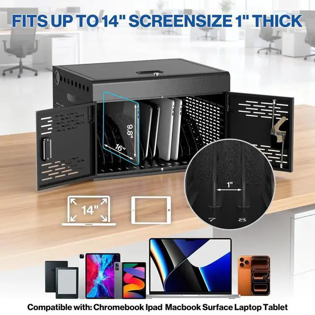 Alt view image 4 of 6 - 16-Device Locking Steel Charging Cabinet for iPad Chromebook Laptop | Wall-Mount Locking Charging Station, Cable Management & Surge Protection for Classroom, Office, Library, Assembly Required