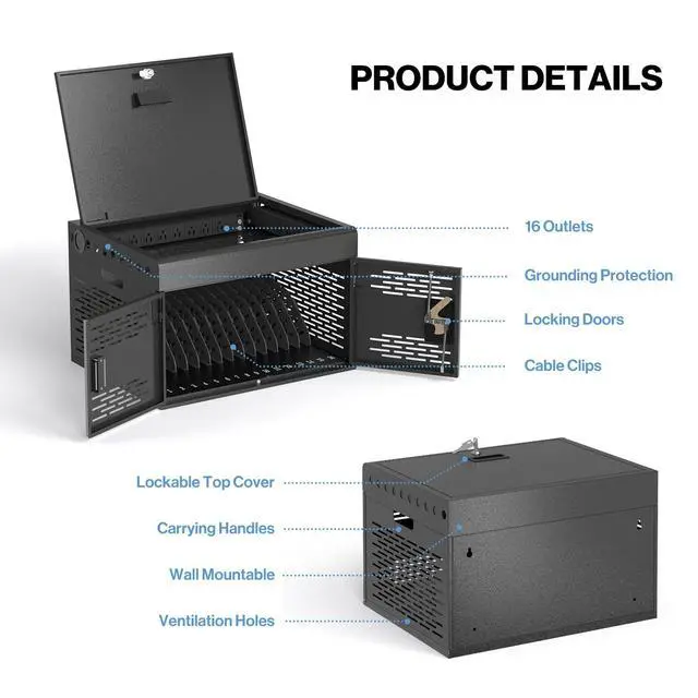 Alt view image 6 of 6 - 16-Device Locking Steel Charging Cabinet for iPad Chromebook Laptop | Wall-Mount Locking Charging Station, Cable Management & Surge Protection for Classroom, Office, Library, Assembly Required
