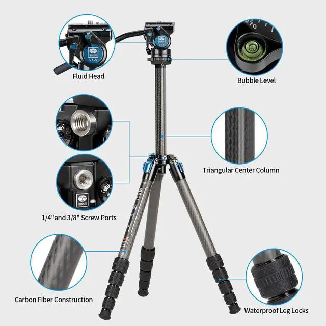 Alt view image 3 of 6 - ST-125+VA-5 Carbon Fiber Tripod with Fluid Video Head, Triangular Centre Column, Waterproof, Travel Tripod for Cameras, 4 Sections, 62.2inch, Load 6.61lbs