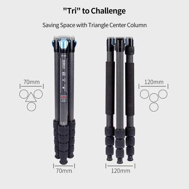 Alt view image 4 of 6 - ST-125+VA-5 Carbon Fiber Tripod with Fluid Video Head, Triangular Centre Column, Waterproof, Travel Tripod for Cameras, 4 Sections, 62.2inch, Load 6.61lbs