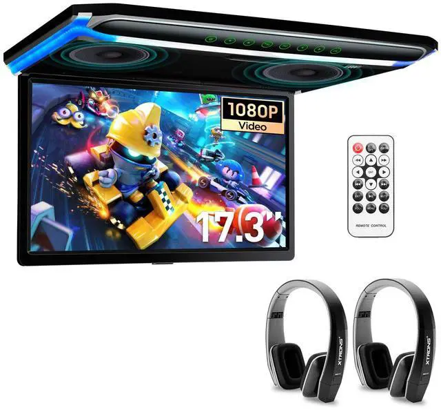 Main image of ® 17.3 Inch 16:9 Ultra-Thin FHD Digital TFT Screen 1080P Video Car Overhead Player Roof Mounted Monitor HDMI Port 1920 * 1080 Full High Definition with New Version Black IR Headphones (No DVD)