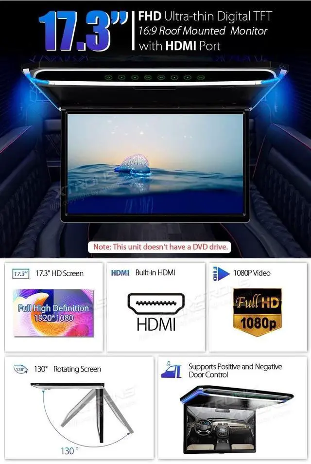 Alt view image 2 of 5 - ® 17.3 Inch 16:9 Ultra-Thin FHD Digital TFT Screen 1080P Video Car Overhead Player Roof Mounted Monitor HDMI Port 1920 * 1080 Full High Definition New IR Headphones (Black & White) (No DVD)