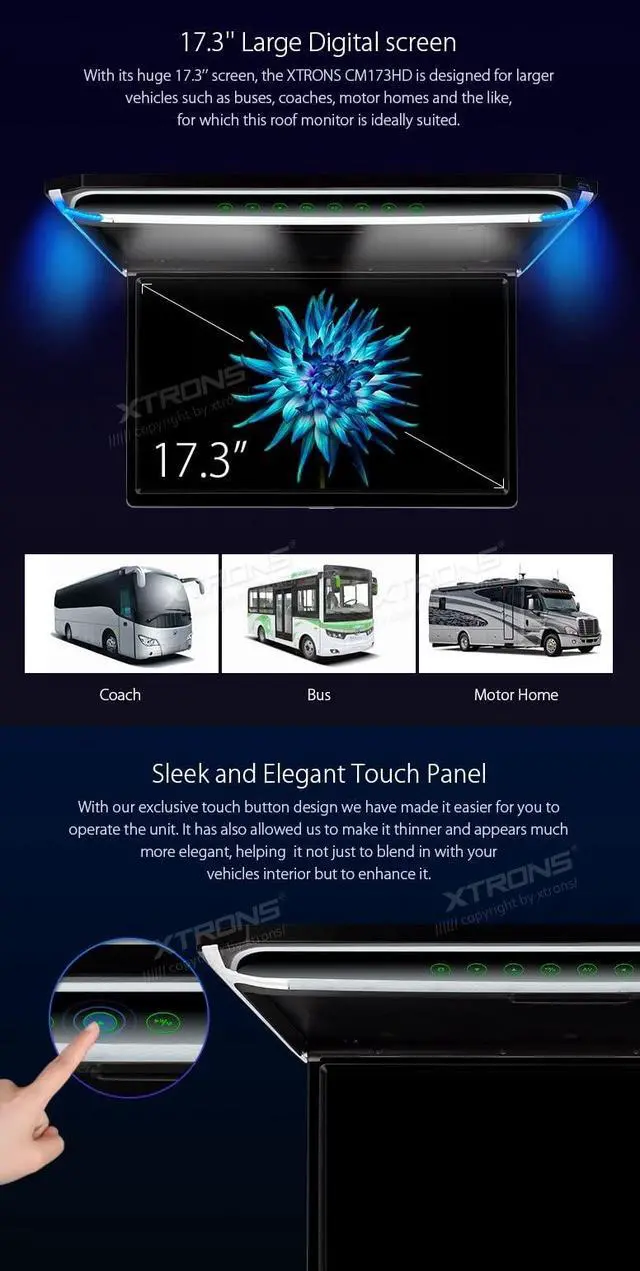 Alt view image 3 of 5 - ® 17.3 Inch 16:9 Ultra-Thin FHD Digital TFT Screen 1080P Video Car Overhead Player Roof Mounted Monitor HDMI Port 1920 * 1080 Full High Definition New IR Headphones (Black & White) (No DVD)