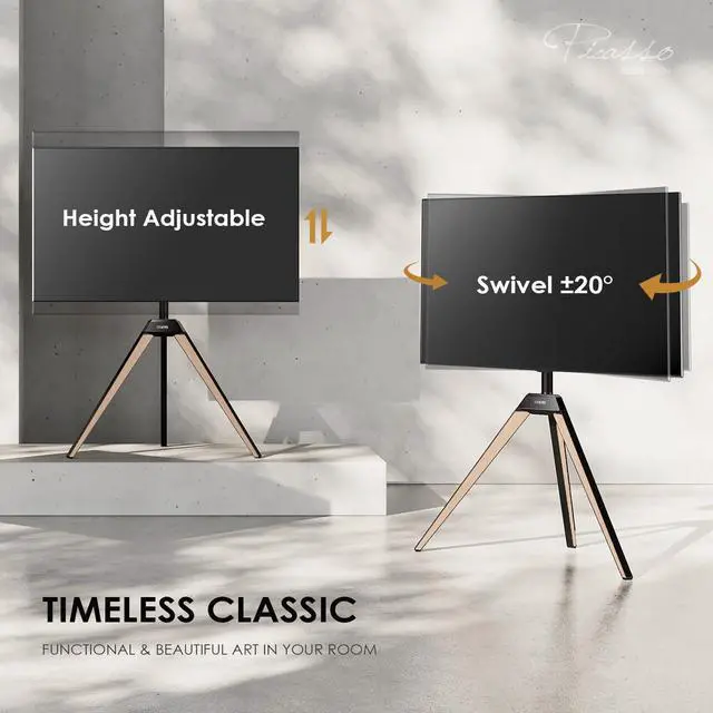 Alt view image 2 of 6 - Corner TV Stand for 32-65 Inch TV with Height Adjustable, Oak | Tripod Easel TV Stand with Swivel, Modern Floor Mount for Bedroom Living Room, Made of beech wood, Picasso Series