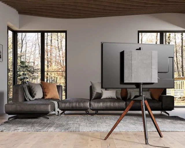 Alt view image 3 of 6 - Corner TV Stand for 32-65 Inch TV with Height Adjustable, Walnut | Tripod Easel TV Stand with Swivel, Modern Floor Mount for Bedroom Living Room, Made of beech wood, Picasso Series