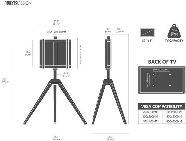 Alt view image 6 of 6 - Corner TV Stand for 32-65 Inch TV with Height Adjustable, Walnut | Tripod Easel TV Stand with Swivel, Modern Floor Mount for Bedroom Living Room, Made of beech wood, Picasso Series