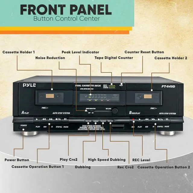 Alt view image 3 of 5 - Usa Dual Cassette Deck | Music Recording Device with RCA Cables | Removable Rack Mounting Hardware | CrO2 Tape Selector | Built-in 3 Digit Tape Counter - 110V/220V