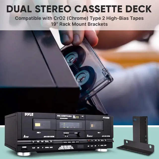 Alt view image 4 of 5 - Usa Dual Cassette Deck | Music Recording Device with RCA Cables | Removable Rack Mounting Hardware | CrO2 Tape Selector | Built-in 3 Digit Tape Counter - 110V/220V