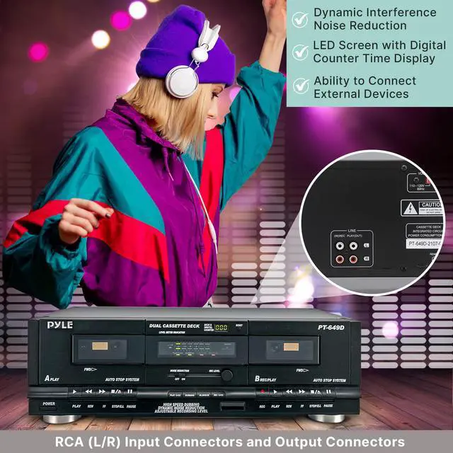 Alt view image 5 of 5 - Usa Dual Cassette Deck | Music Recording Device with RCA Cables | Removable Rack Mounting Hardware | CrO2 Tape Selector | Built-in 3 Digit Tape Counter - 110V/220V